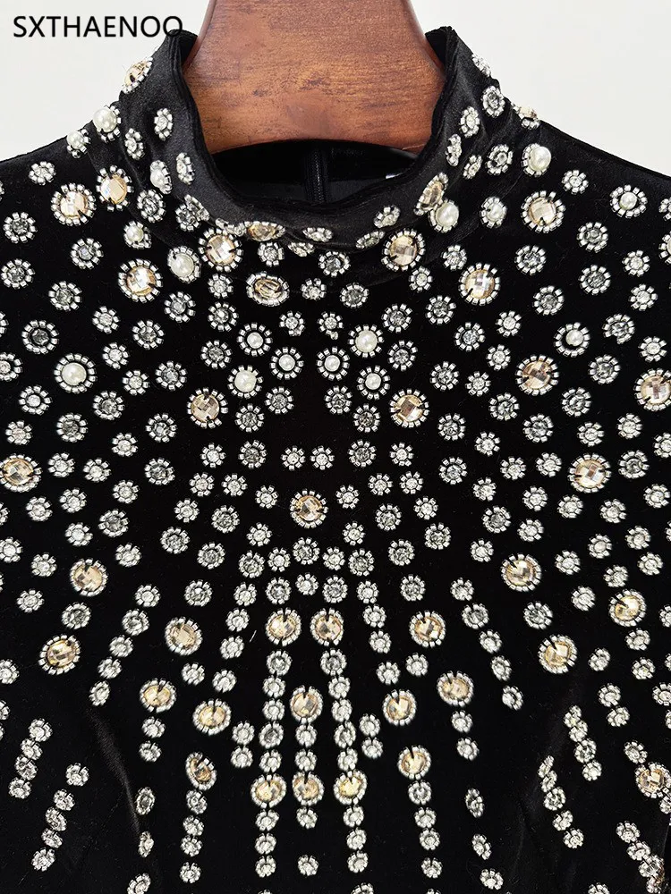 SXTHAENOO 2025 vestido de noche adornado negro de manga larga para mujer elegante vestido de fiesta de graduación de sirena con cuentas y cuello simulado