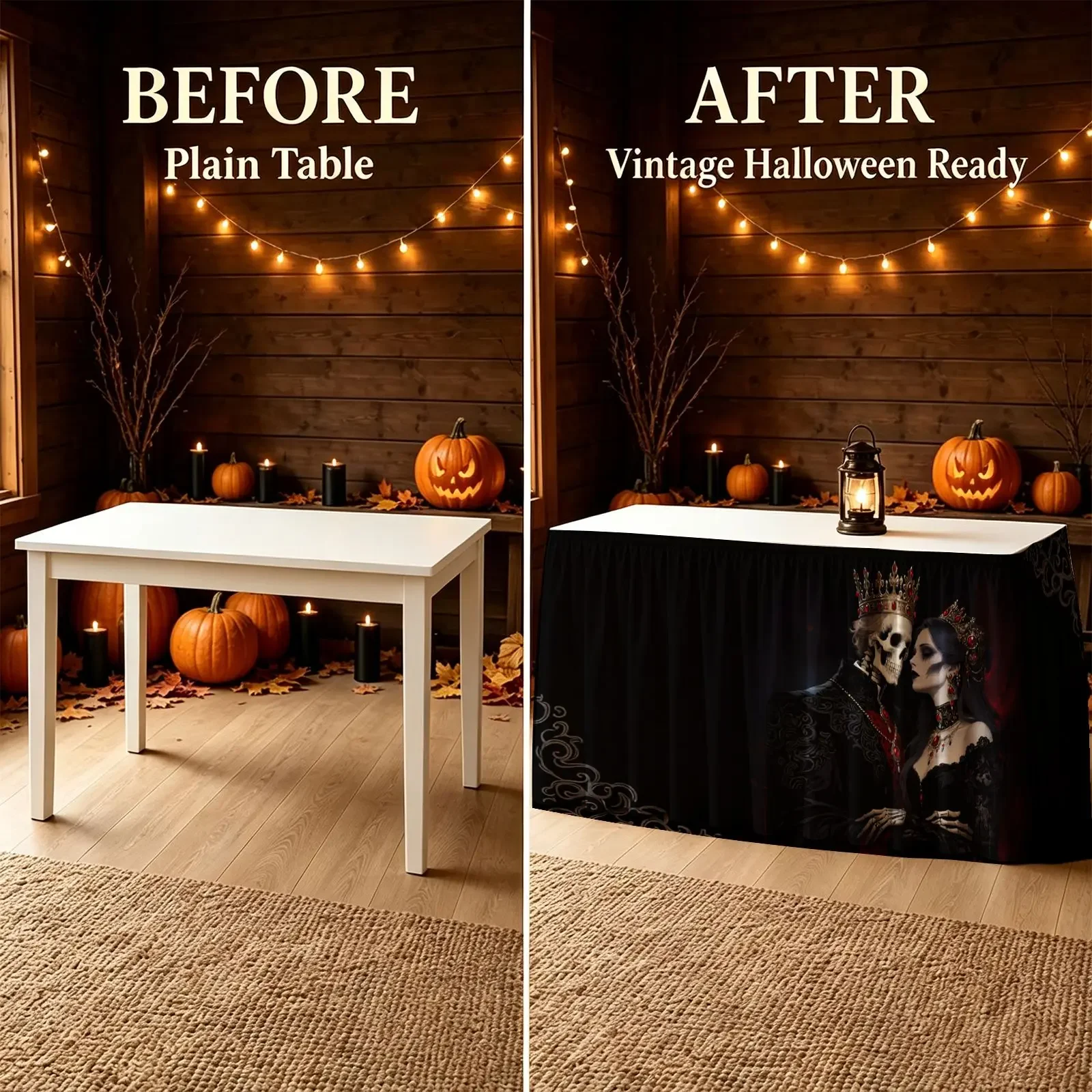 Halloween, Christmas, party tablecloth - Horror table skirt - 1-piece set - Skeleton King and Queen embracing pattern
