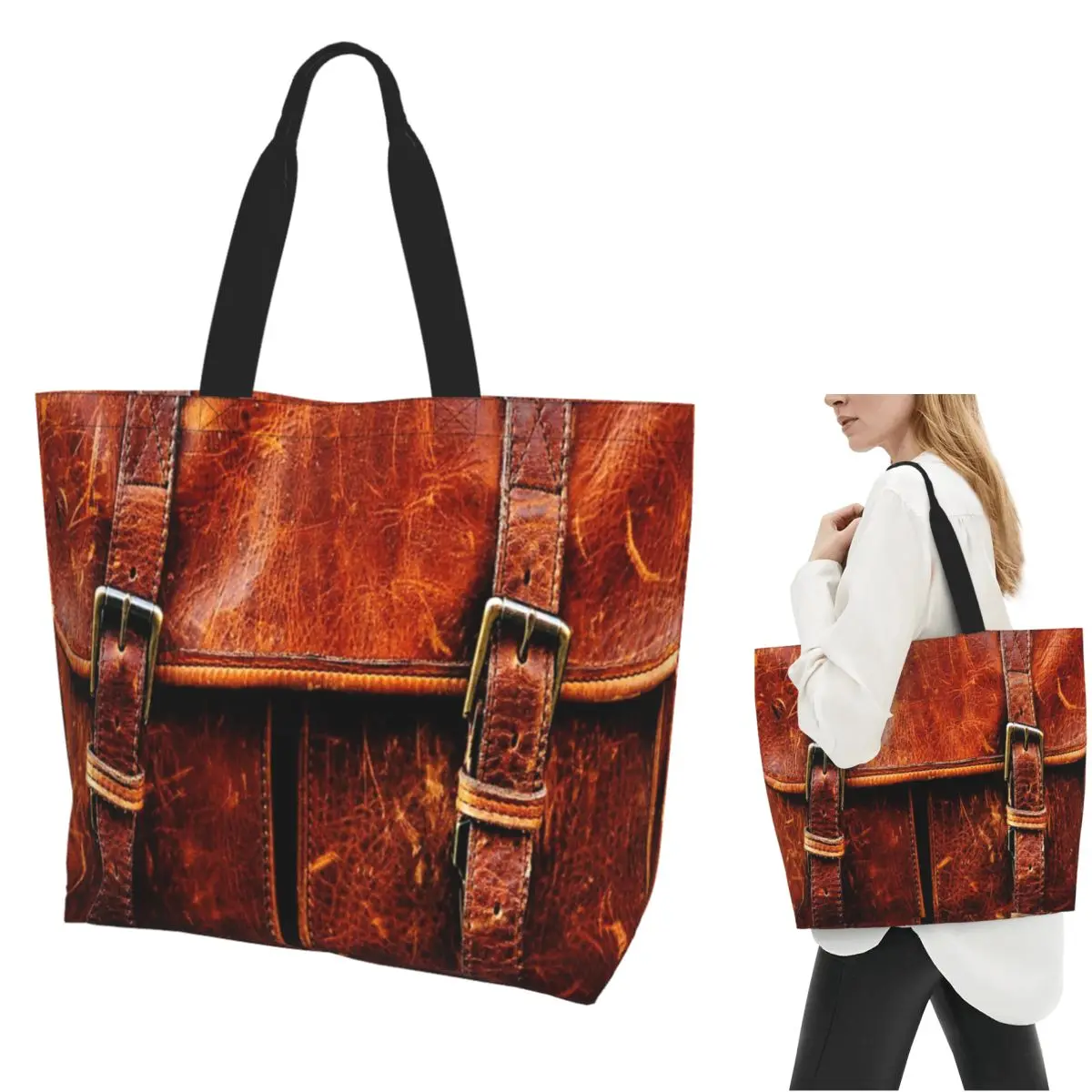 

LEATHER Shopping Tote Bag Canvas Large Capacity Shoulder Bags Shopper Grocery Handbag for Women