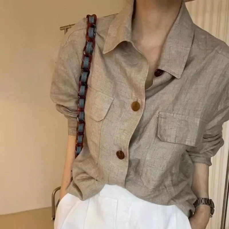 

2025 New Spring Linen Cotton Khaki Blouse Women Fashion Long Sleeve Thin Female Shirts Turn Down Collar Double Pockets Tops