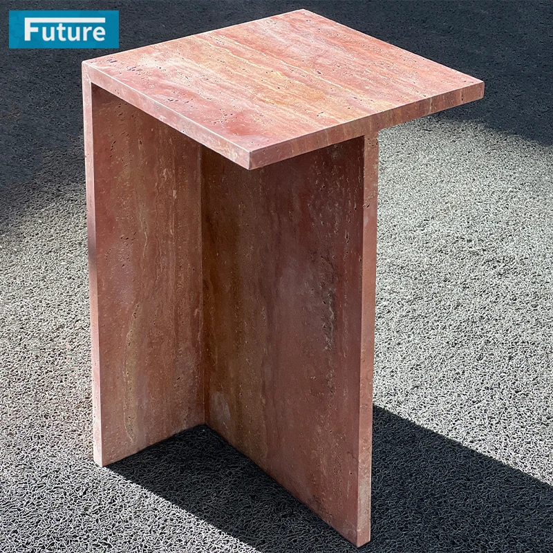 Low Price Wabi-sabi Style Small Modern Design Square Top Red Travertine Side End Table for Livingroom Bedroom Entry Diningroom
