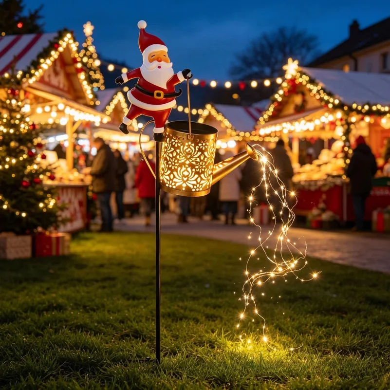 LED Christmas Santa Claus Solar Garden Light Watering Can Lantern Outdoor Waterproof Metal Yard Patio Decoration