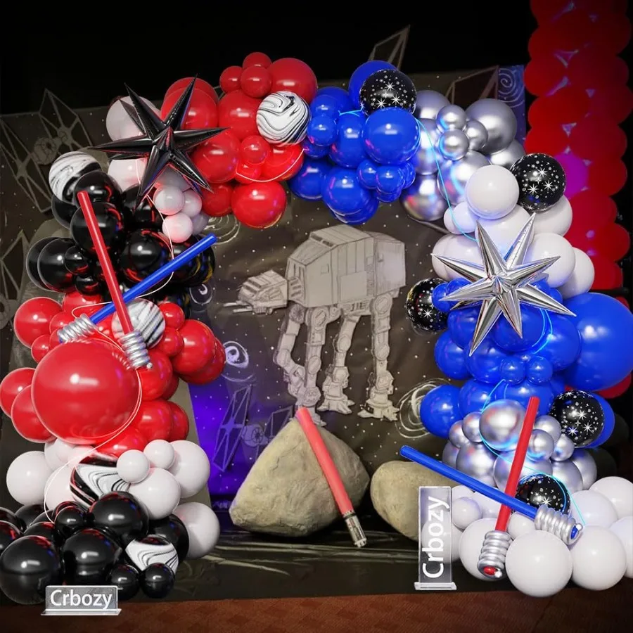 مجموعة قوس بالونات Galaxy Wa مكونة من 151 قطعة بالونات فضية باللون الأزرق الملكي والأحمر والأسود والأبيض لعيد ميلاد نجم Univee One مع The Forc