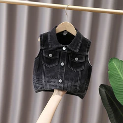 2024 Summer Boys Fashion Black Stripe Printed Button Lapel Pocket Denim Vest Coat Children's Clothing 1-6y