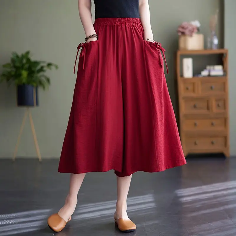 

2023 Summer New Solid Color Loose Casual Pockets Wide Leg Trousers Women Elastic Waist Cotton Bow Vintage Calf Length Pants