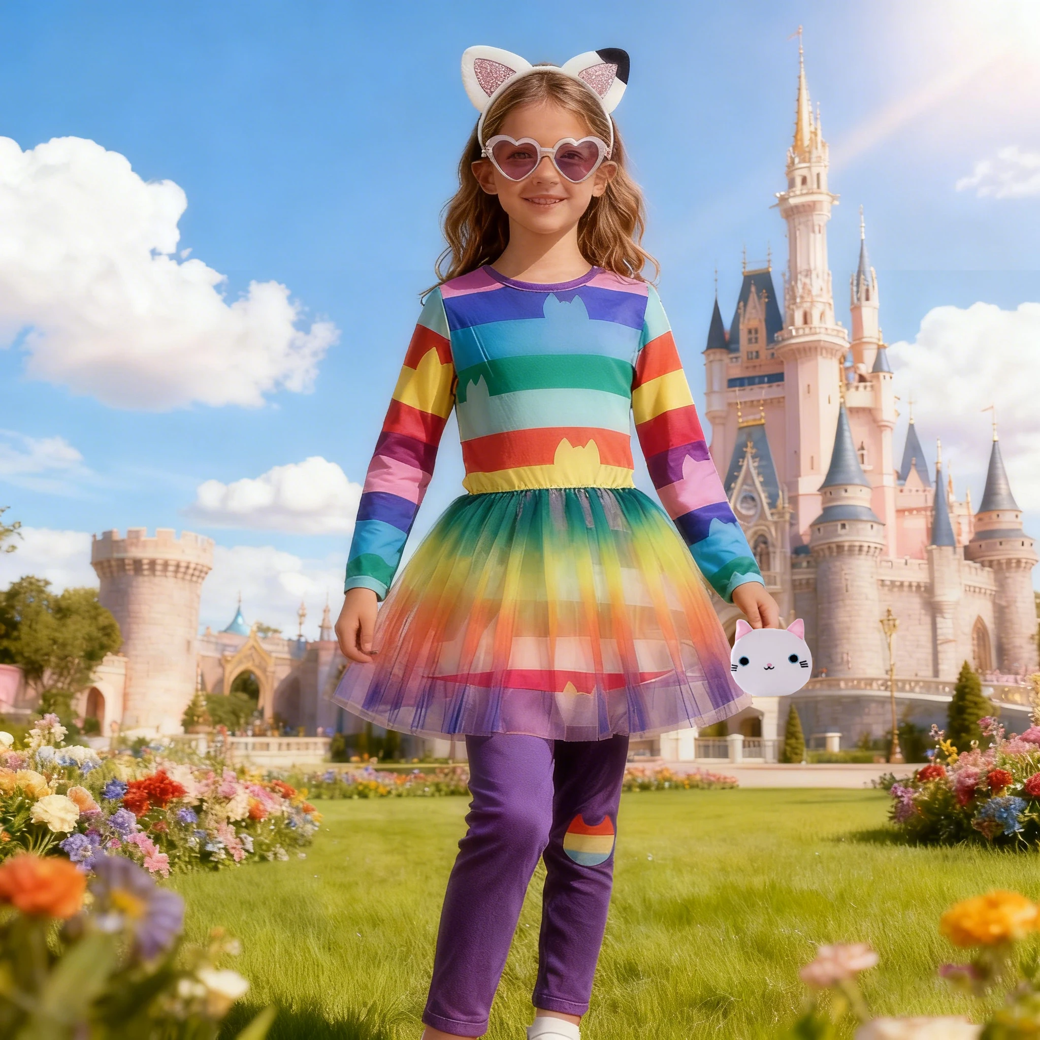 Girls rainbow top and bottom Sets with accessy Children Cartoon Cats sets Fantasy Carnival Dream newyear clothes