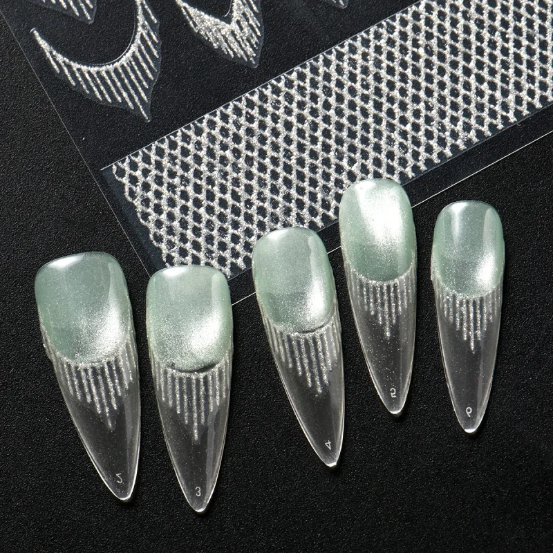 Reflektierende glitzernde französische Nagelkunst-Aufkleber, glitzernde Gold-Silber-Quastenlinie, geometrische Gitter, selbstklebende Schieber, Abziehbilder, DIY-Maniküre – Detail 10