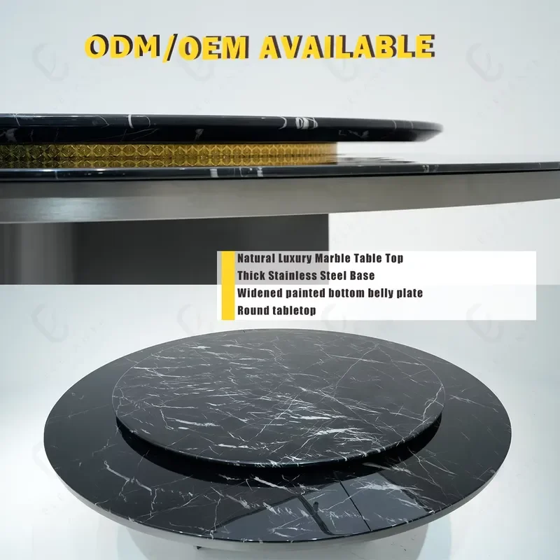 Hot Modern Customized Nordic Simple Natural Black Marble Table Round Rotating Stone Dining Table 8 Seaters Dining Set