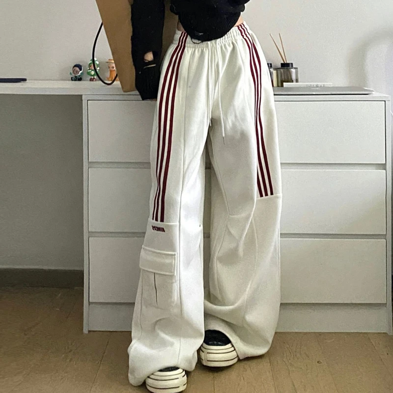 

American Retro Lazy Style Wide Leg Pants Women Solid Stripes Elastic High Waist Drawstring Loose Casual Straight Sports Trousers
