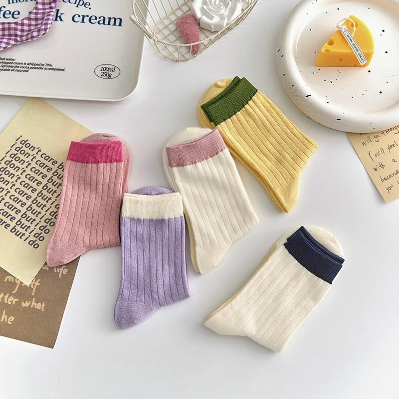 Cream vertical stripe candy color socks Japanese fresh pure color simple match color everything women's mid-tube socks