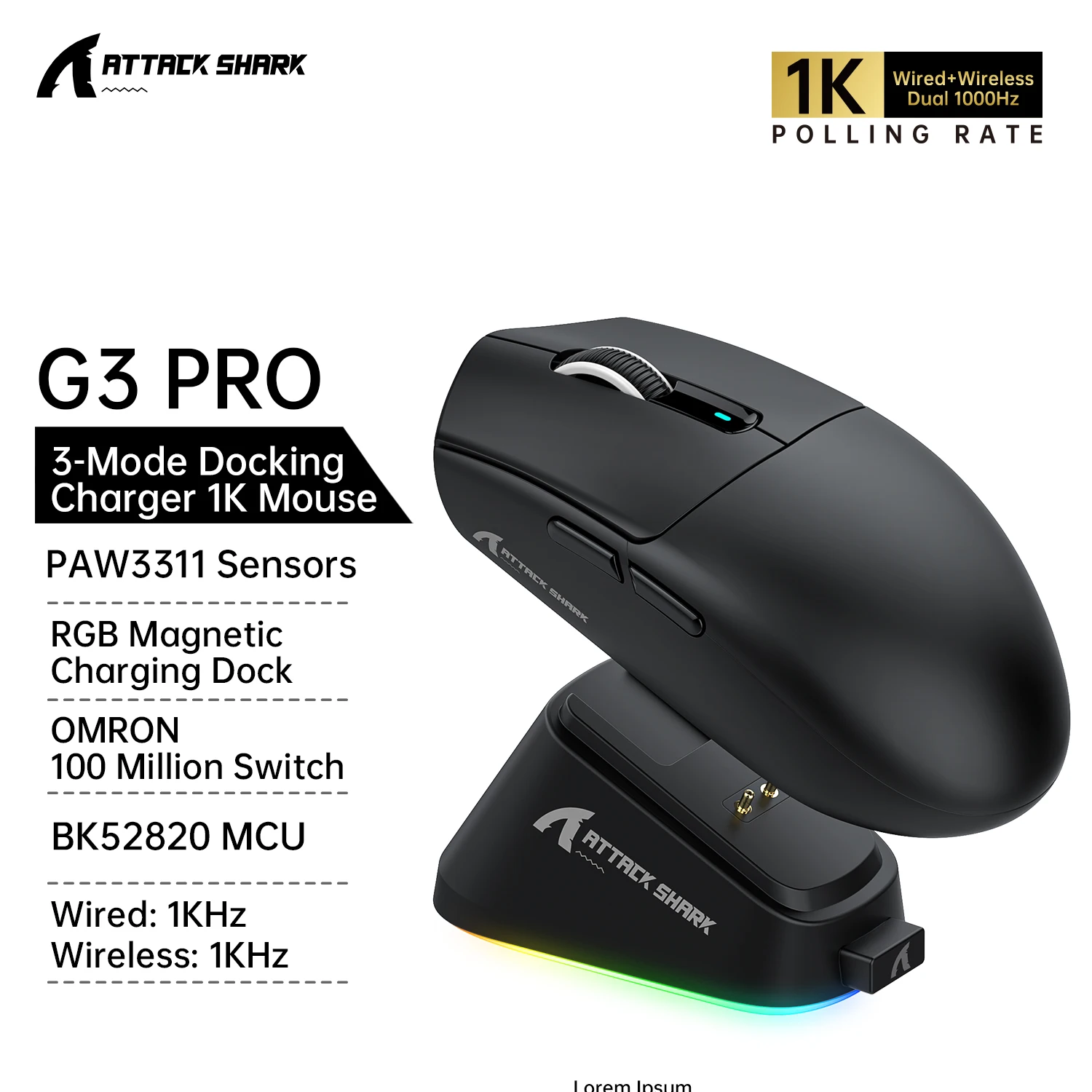 

PAW3311 Gaming Mouse ATTACK SHARK G3PRO Wireless 1K Hz RGB Charger Tri-Mode Connection 25000 DPI Gamer Mouse for PC/MAC/Wins