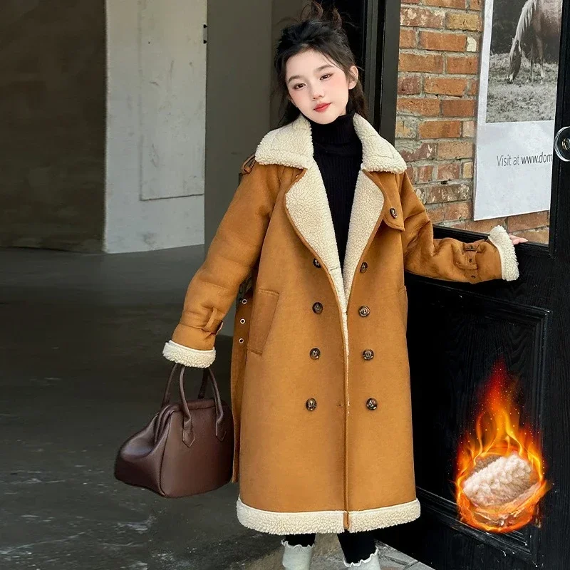 Girls Winter Jacket Fleece Thick Warm Wool Fur Coat 7 To 14 Y Fashion Casual All-match Brown Kids Long Overcoat Children Clothes