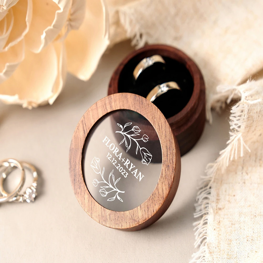 Personalized Wooden Wedding Ring Box with Clear Acrylic Cover Custom Engraved Engagement Proposal Holder Bridal Gift For Her