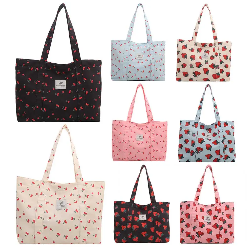 Cute Cherry Strawberry Print Casual Tote Bag Large Capacity Shopping Bag Nylon Shoulder Purse Grocery Bag for Women