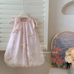 Baby Girls Dress Fashion Sweet 2024 Summer New Korean Style Childrens Bow Sundress Kids Bud Princess Dress