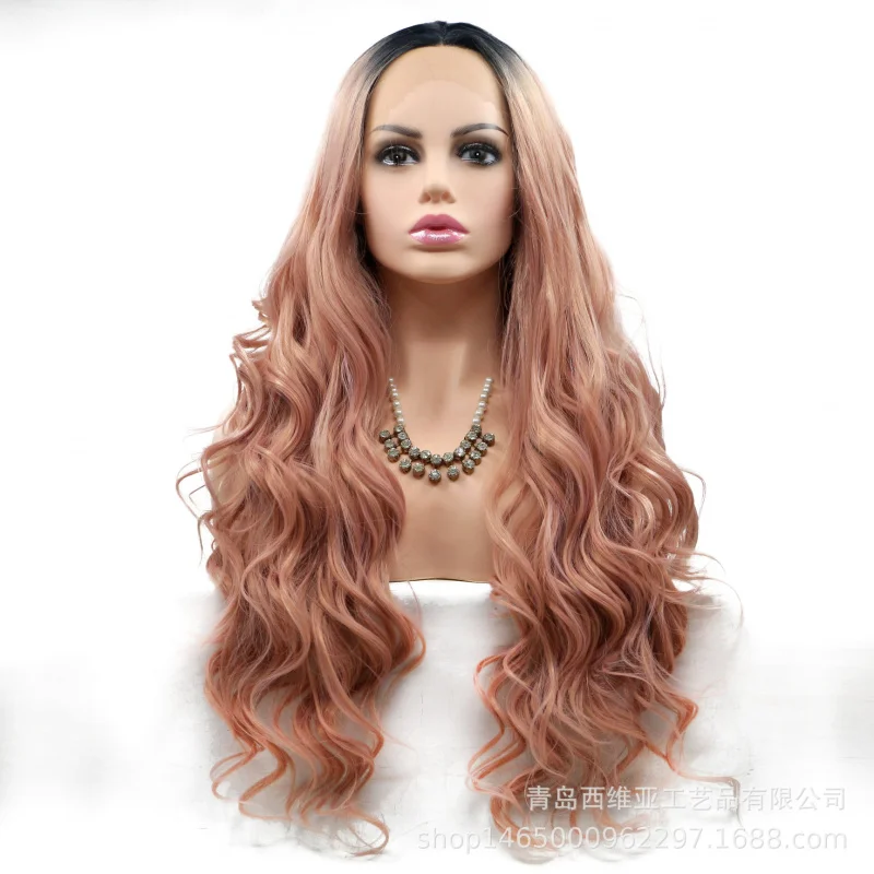Gradient rose gold hand-woven lace front wig, matte high-temperature synthetic hair cap