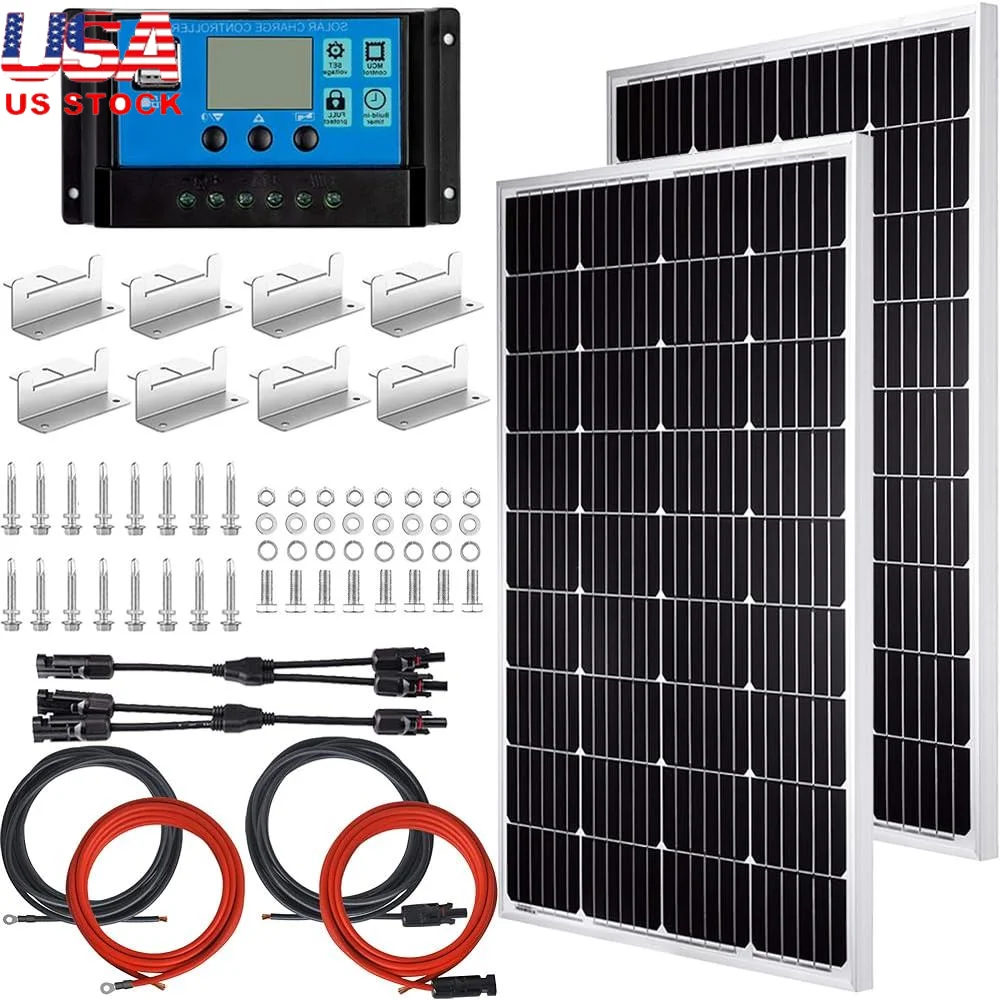 200W Solar Panel Kit 2pcs 100W Monocrystalline Solar Panels 12V 24V Charge Controller RV Boat Home Installation Accessories