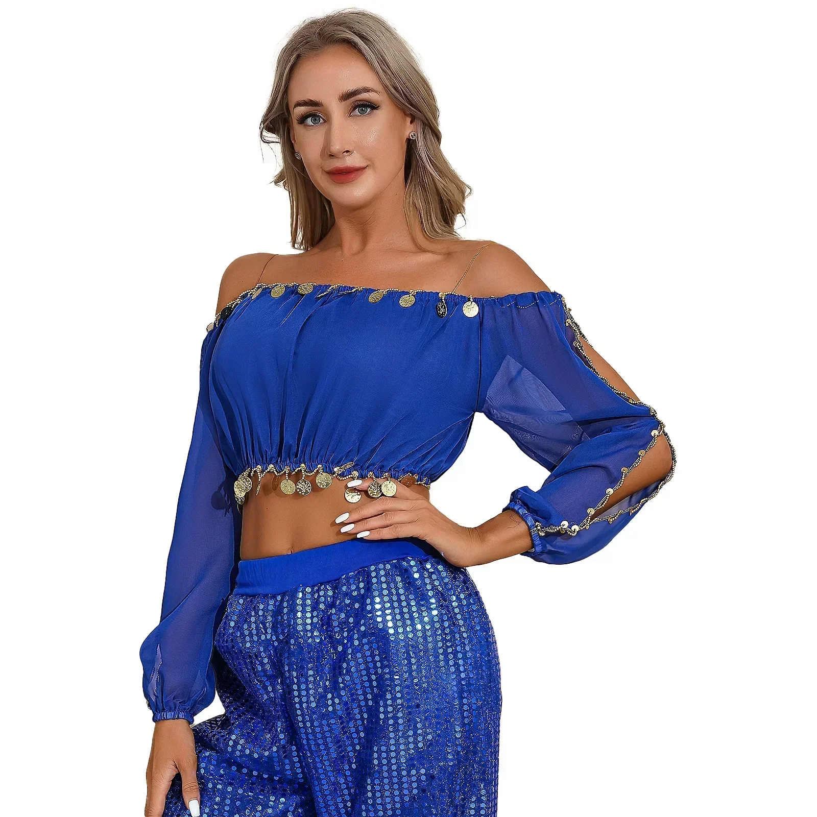 Womens Indian Carnaval Buikdanskleding Buikdans Tops Lovertjes Kralen Split Lange Bladerdeeg Mouw Crop Top