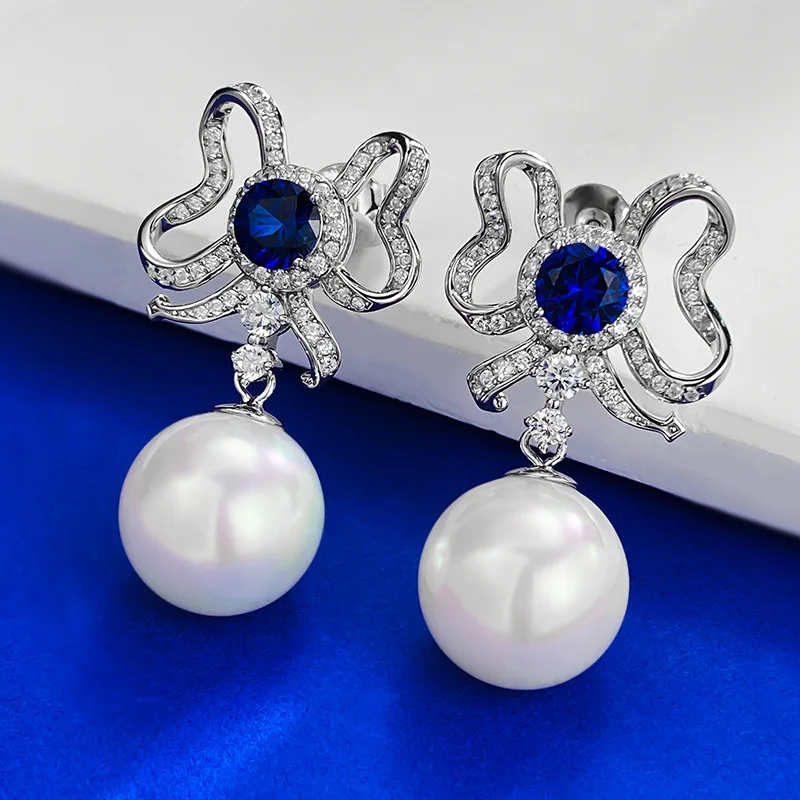 

New Bow Inlaid Sapphire Stud Earrings 925 Silver Freshwater Pearl 13mm Anniversary Fo Women