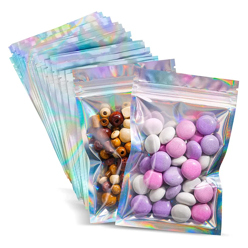 Resealable Smell Proof Bags Foil Pouch Bag Flat Storage Holographic Bag Mylar Bags For Party Favor Food Storage