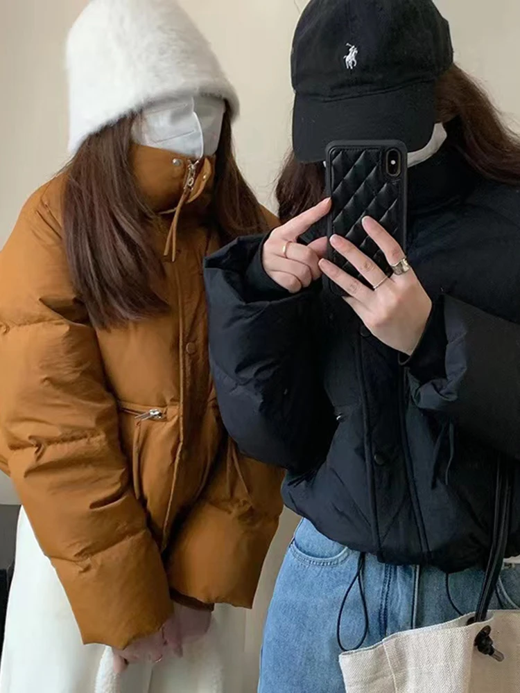 女性の韓国の黒い綿のジャケット,スタンドカラー,大きくて用途の広い,暖かいコート,冬