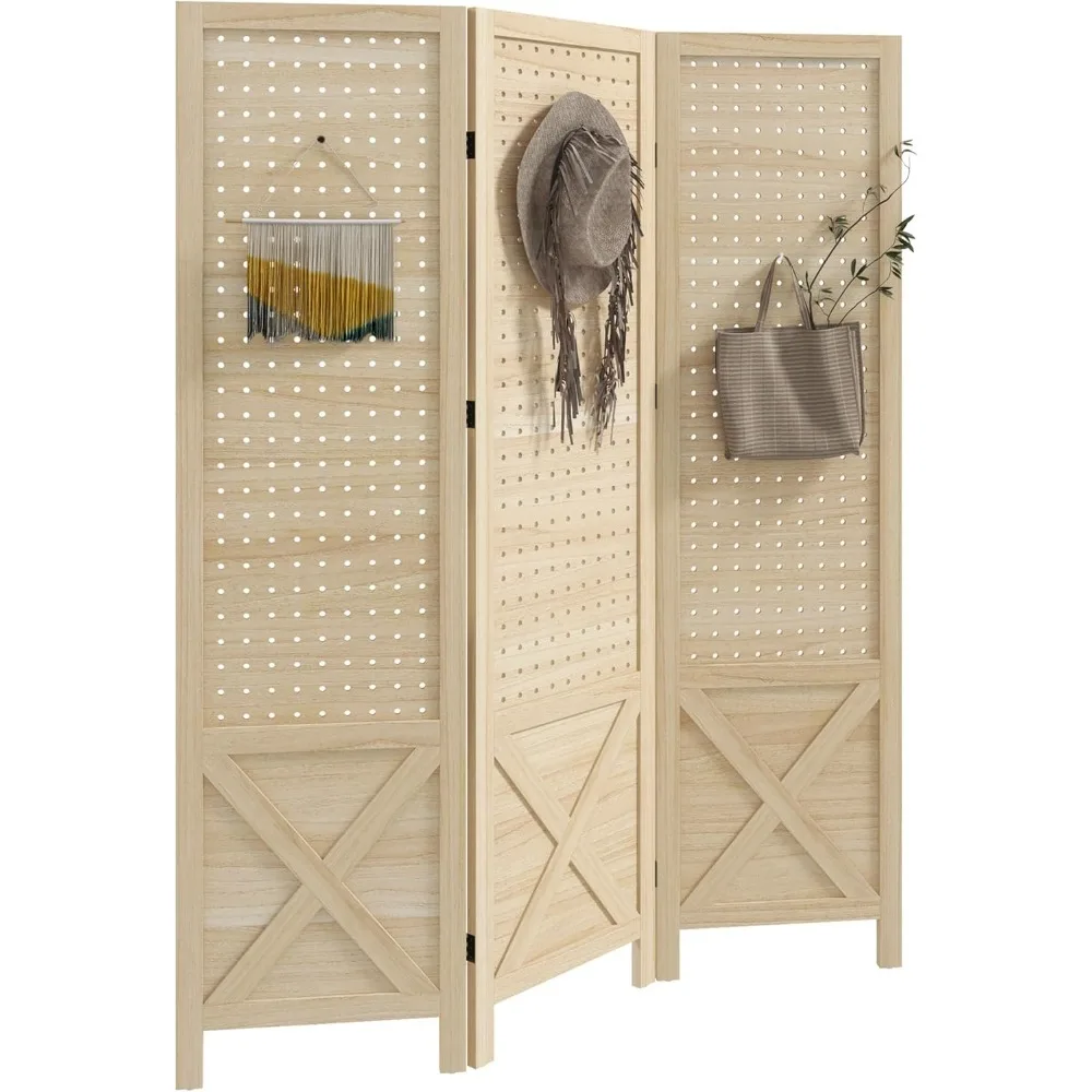 

3 Panel Pegboard Display Room Divider, 4.7' Tall Wood Folding Privacy Screen,Natural, Screens & Room Dividers