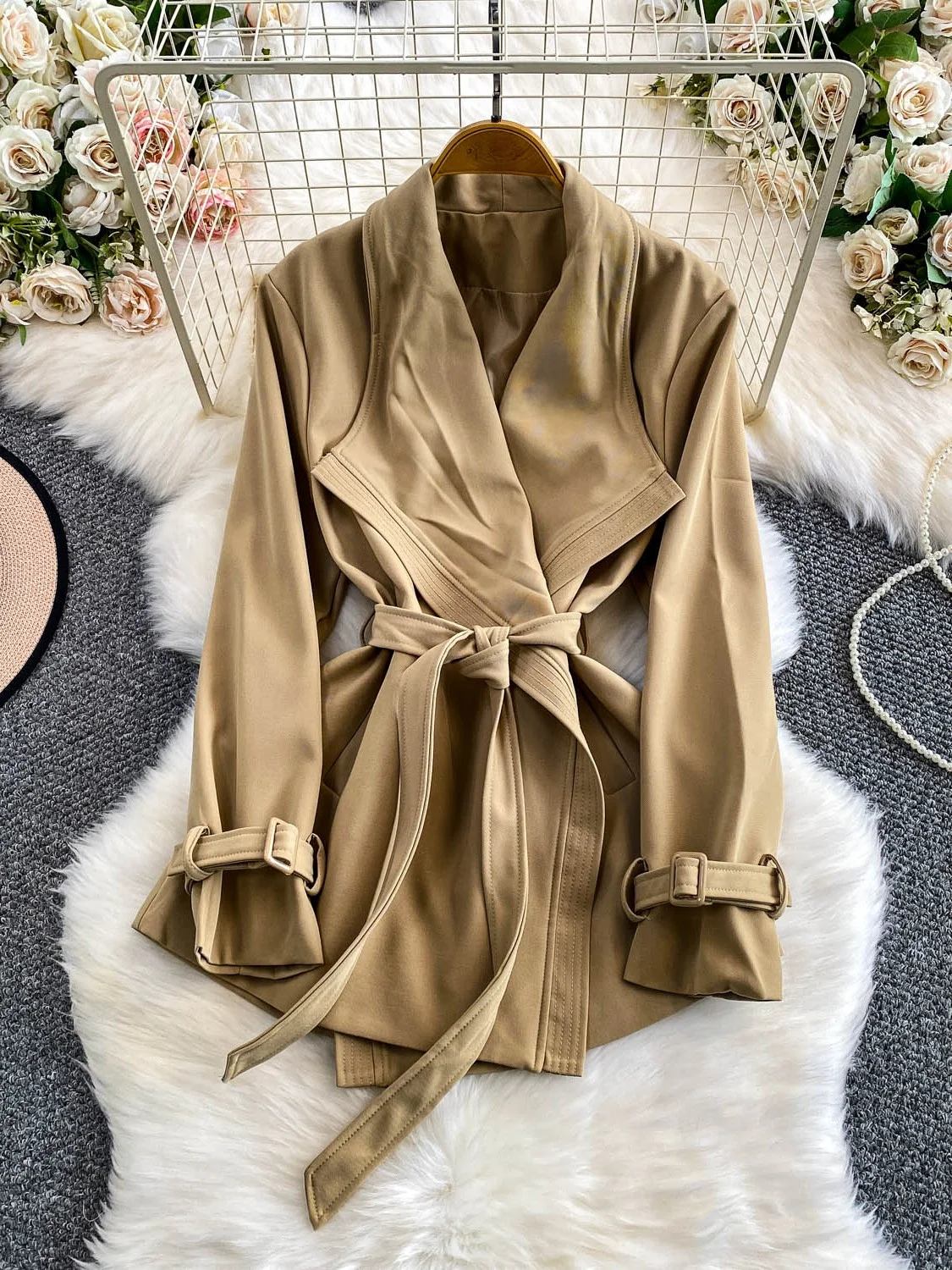 Ele Briti Sle Gürtelmantel für Damen, lockere Passform, schlankmachend, mittellang, Windjacke, Jaet Long Sve, reine Farbe, Alltagskleidung