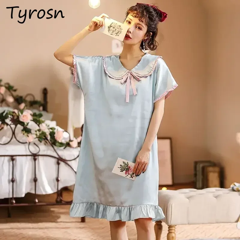 

Nightgowns Women Sweet Simple Ruffles Casual Patchwork Summer Thin Lounge Wear Loose Elegant Home Daily Korean Style Design Chic