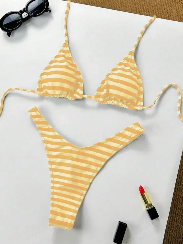 2025 Neuer Strandurlaub, Mode, Persönlichkeit, Ins-Stil, Bikini-Anzug, Y2K, sexy, heiße Mädchen, gestreift, bedruckt, Dreieck, Dessous-Unterwäsche