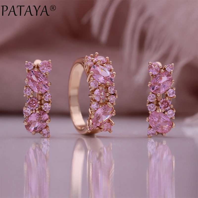 PATAYA New 585 Rose Gold Color Earrings Ring Sets For Women Fashion Pink Natural Zircon Flower Bride Rings Wedding Jewelry Sets