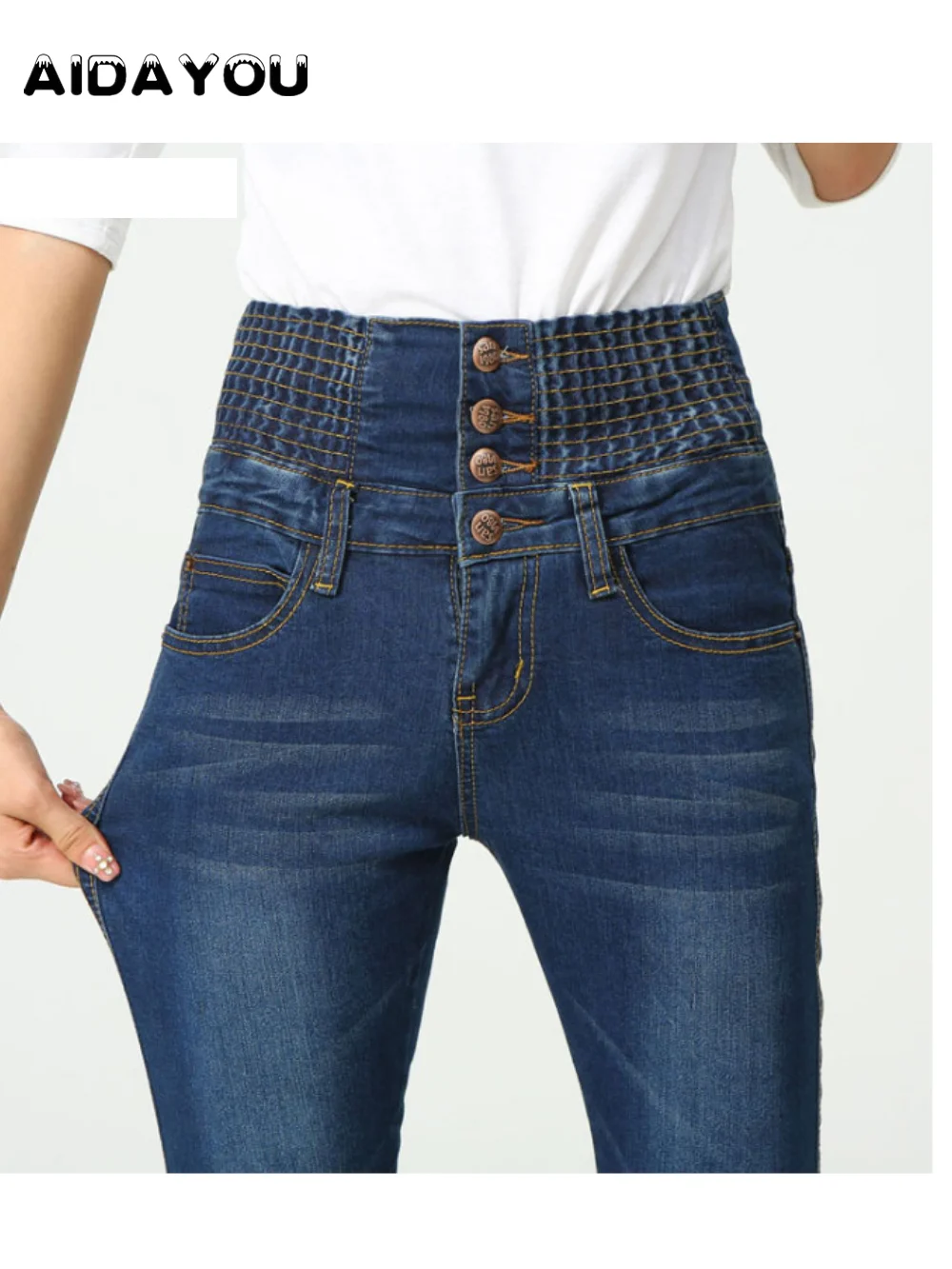 Button Fly High Waisted Jeans for Women Autumn Winter Button Elastic Jeans Female Washed Denim Pencil Pants Cool