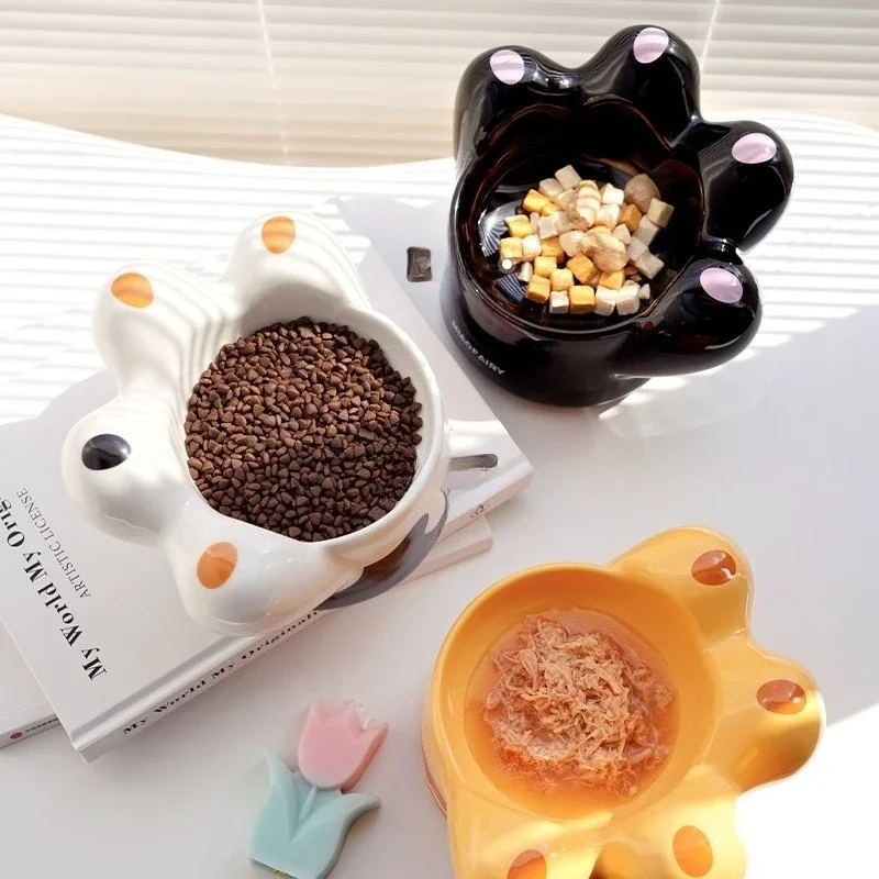 Ceramic Cat Feeder Diagonal Mouth Cat Paw Cat Dog Bowl Large Diameter Anti Black Chin Pets Dish Anti Overturning Pet Accessories