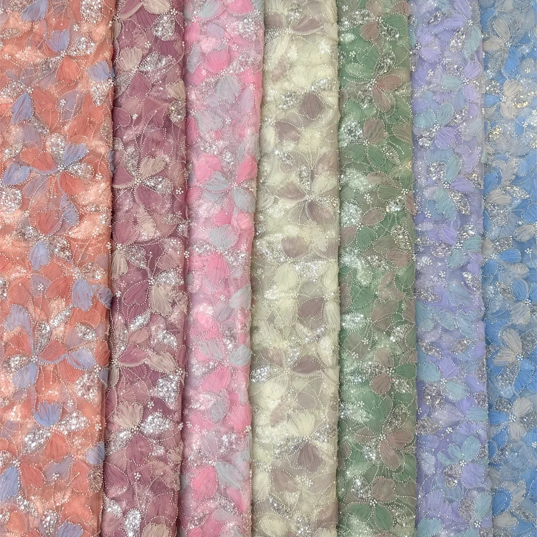 

African Sheer Lace Fabric With Appliqué Floral Embroidery Beaded Sequins Tube Design For Women Dress And DIY Sewing Material