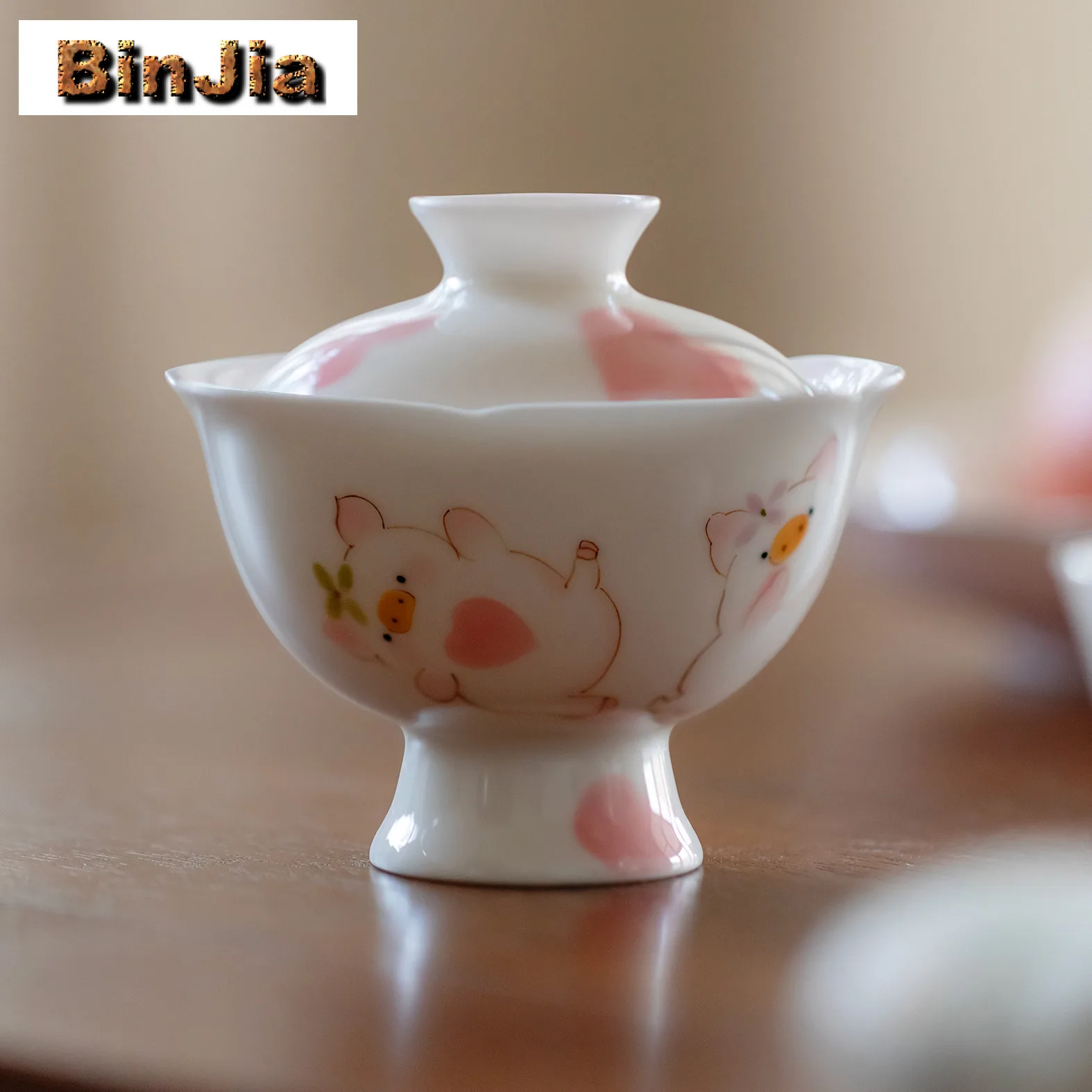 120ml Hand-painted Cute Pig Flower Mouth Gaiwan Ancient Tea Tureen Tea Bowl with Lid Kit Tea Making Cover Bowl Teaware Ornaments
