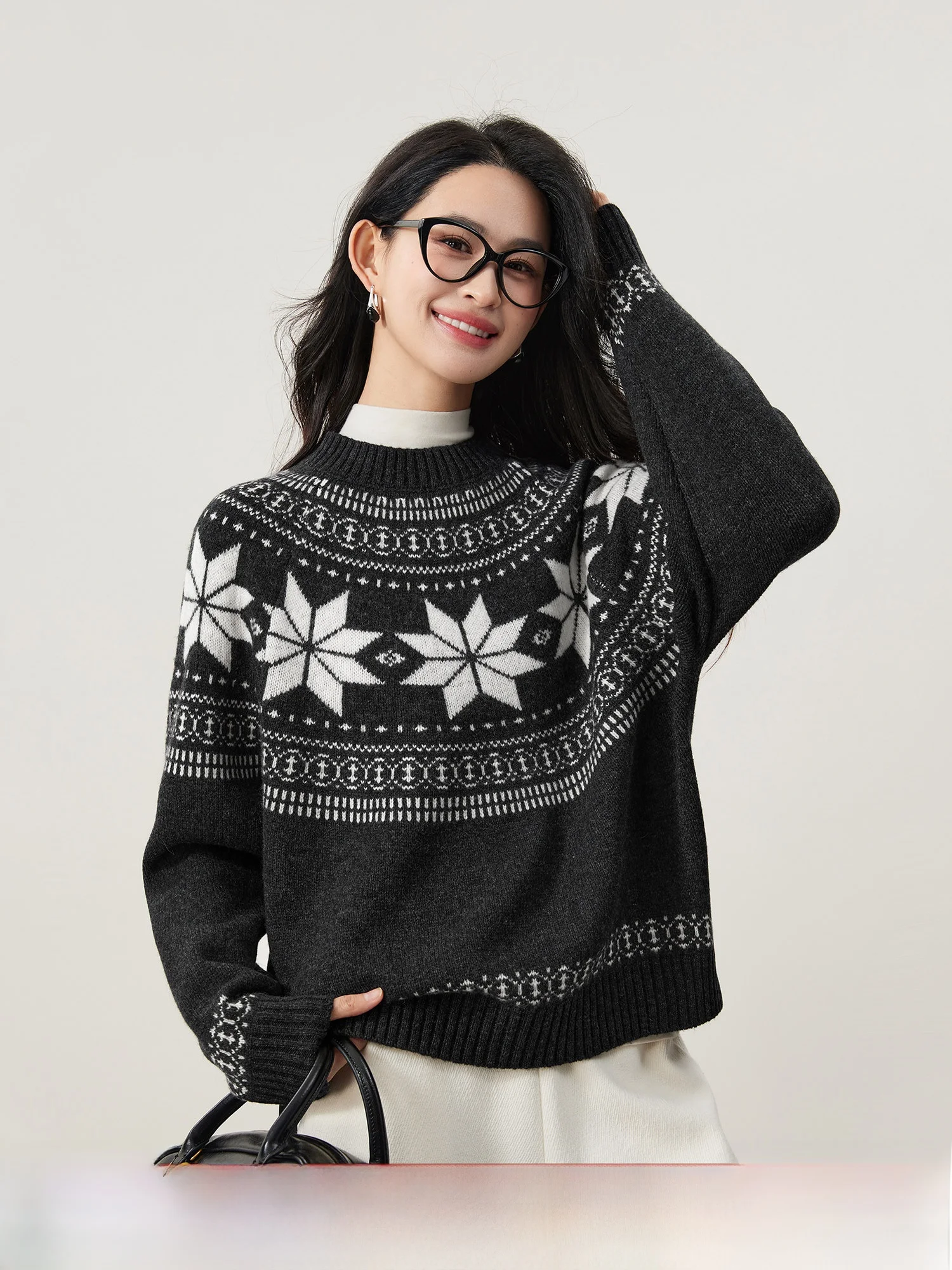 

Retro Fairy T 00% Wool Knitted Sweater Women's Chunky Needle Snowflake Pattern round Ne Knitwear Soft Loose Fit Long Sl...