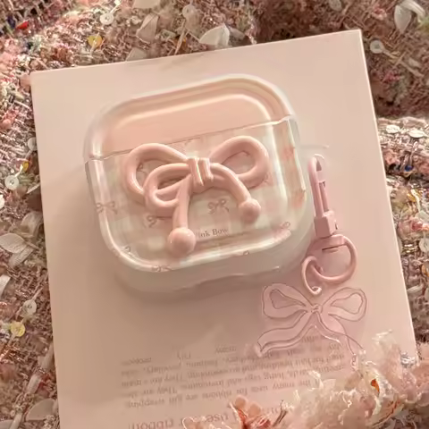 Sweet Cute Pink Grid Pattern Stereoscopic Bowknot With Pendant Earphone Cover Case for AirPods 1 or 2 3 4 Pro 2 Pro 3