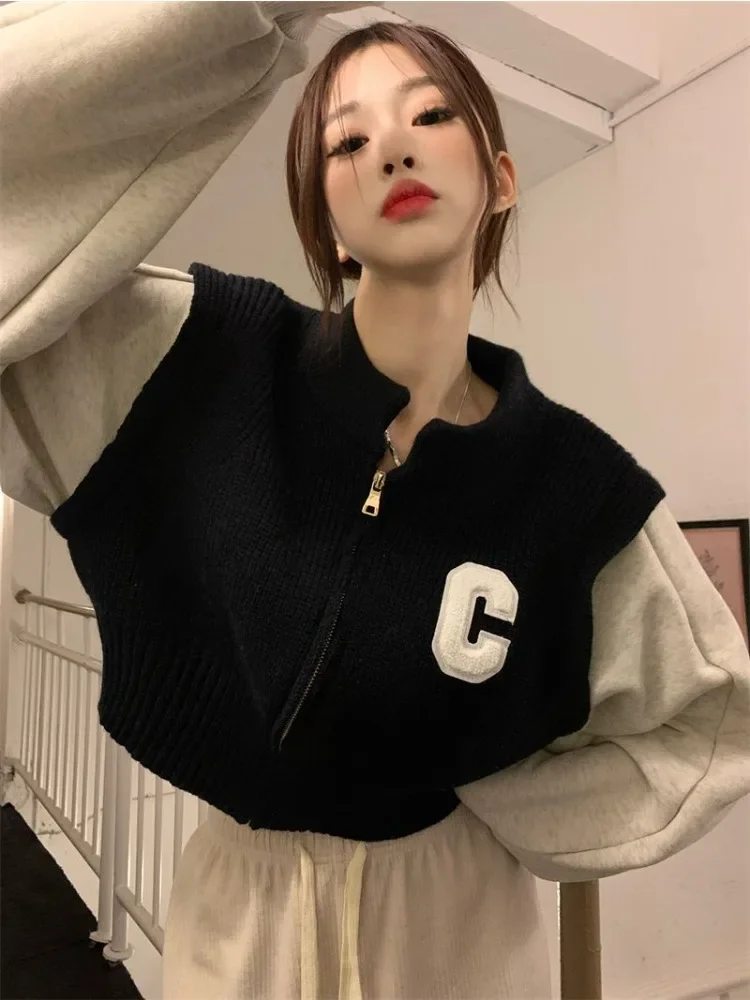 Patchwork Contrast Color Fake Two Pieces Jackets Vintage Casual Y2k Zipper Cropped Coats Korean Loose Knitted Cardigans Women