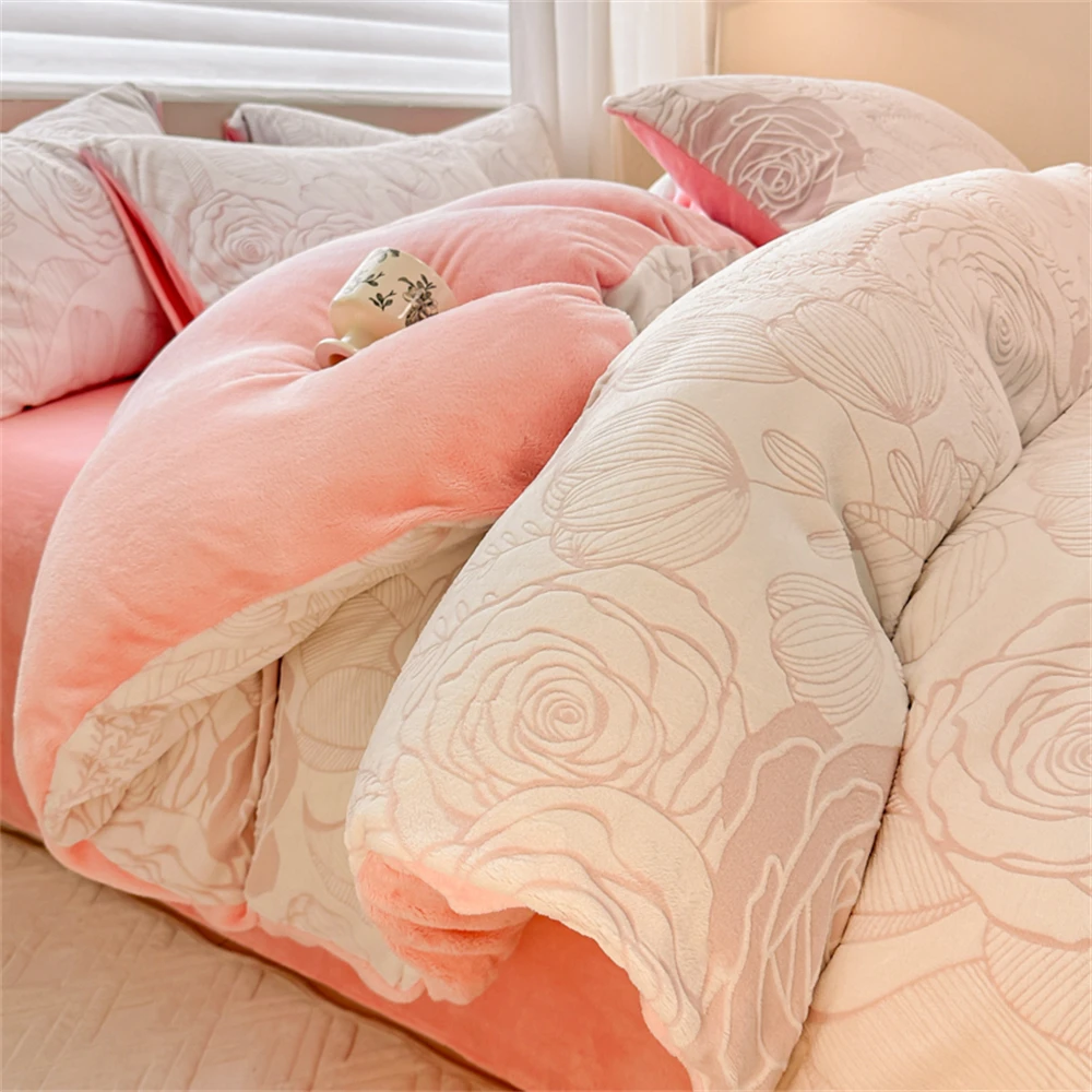 3D Carving Flowers Milk Fleece Bedding Set Winter Warm Thickened Coral Velvet Four-Piece Sets Duvet Cover Pillowcase Bed Sheet