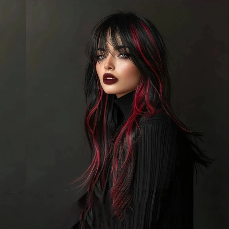 Long Wavy Black Blend Red Wig with Bangs Black Highlight Red Synthetic Wig for Punk Costume Cosplay Colorful Wig