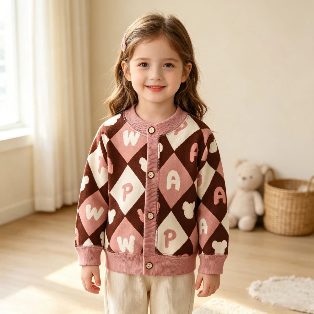2026 New Baby Knit Sweater Cardigan Cute Cartoon Plaid Letter Jacquard Print Toddler Boys Girls Casual Long Sleeve Outerwear