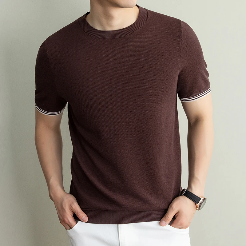 High Quality Silk Linen Slim Knit Tops Men 2026 Summer Trendy Lyocell Knitting T-shirt Short Sleeve Breathable Knitwear Pullover