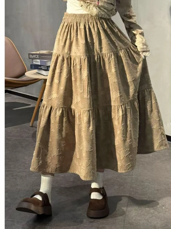 Retro Jacquard Khaki Midi Skirt High-waist Slim-fit A-line Skirts Niche Harajuku Preppy British Fashionable Women's Skirt Trendy
