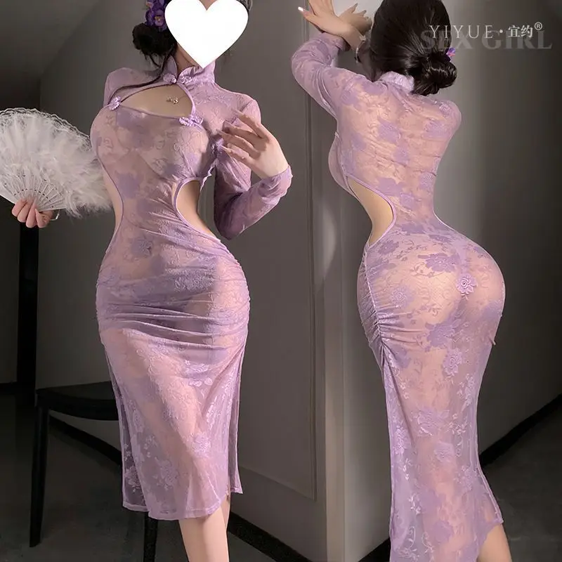 فستان نوم شيونغسام مثير، تشيباو من الدانتيل الشفاف، نمط صيني مغر يمكن ارتداؤه