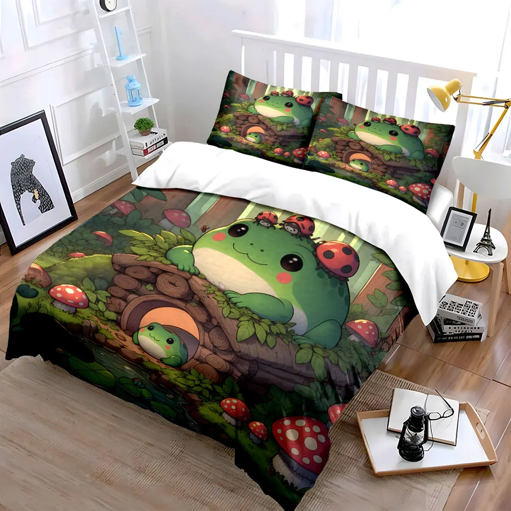 Frog's Cozy Mushroom Home Bedding Set for Kids Luxury Gift 3pcs Digital Print Comforter Set Soft Comfortable Breathable