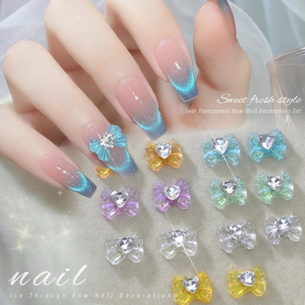 

10Pcs/Lot 3D Glitter Bowknot Nail Art Rhinestones Ice Transparent Bow Heart Diamond Nail Charms Sparkly Kawaii Bow Tie Nail Gems