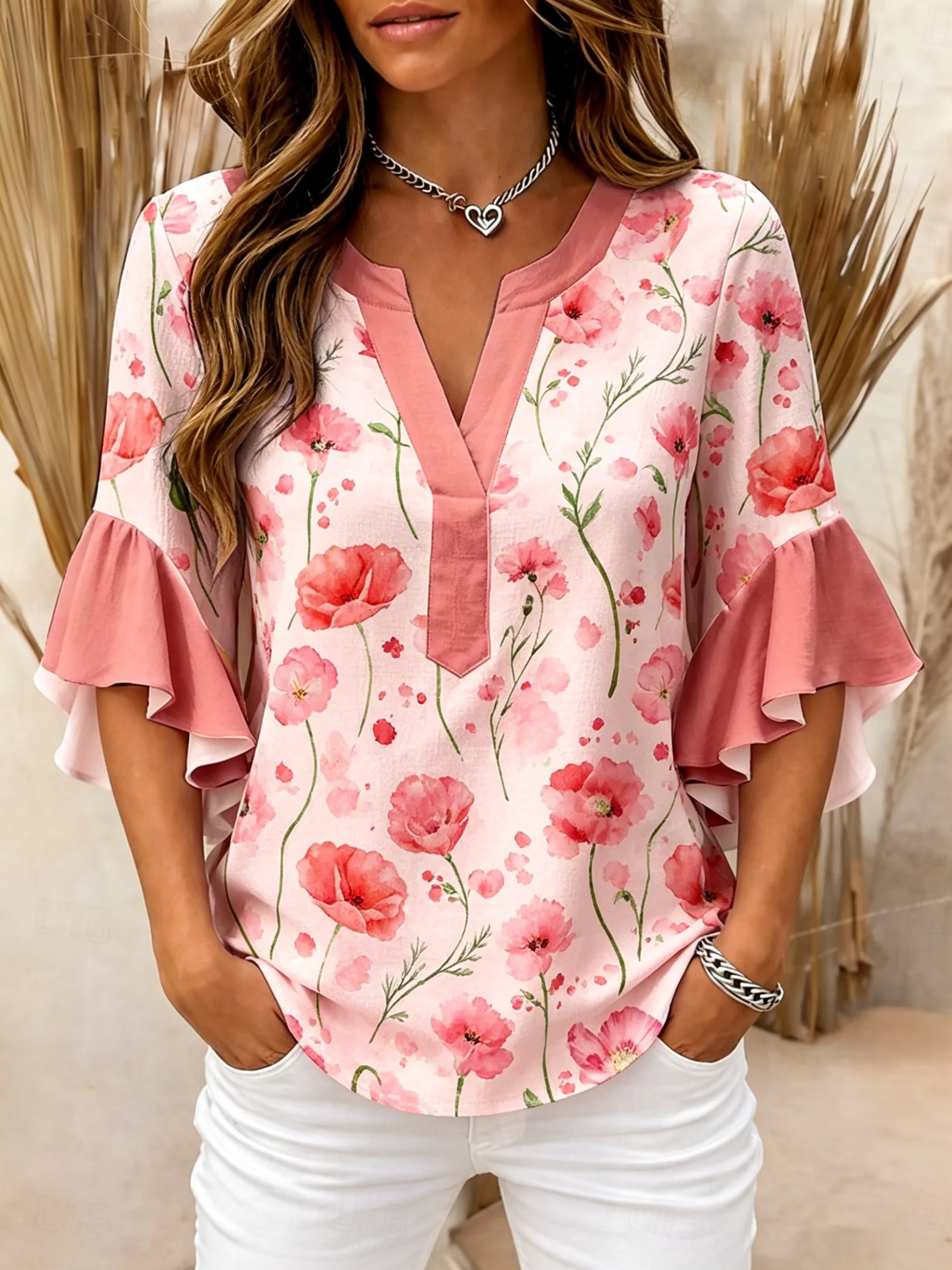 Women's V Neck Ruffle Half Sleeve Daisy Floral Print Blouse, Casual Daily Holiday Tops Cream Yellow White Spring Summer