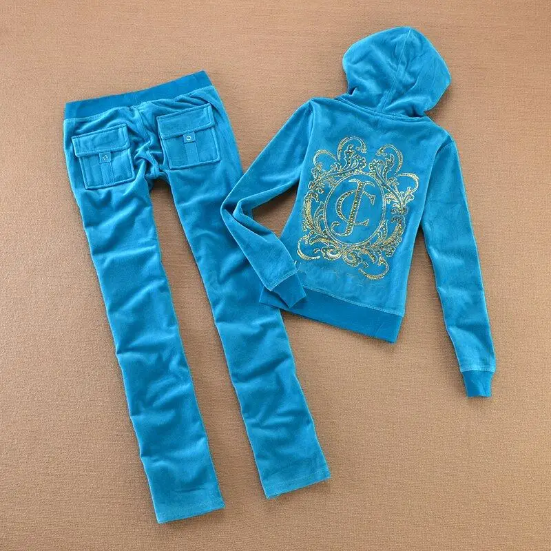 JC Tracksuit Women Velvet Women's Brand Velour Sewing Suit Women Track Suit Hoodies And Pants Sets JC couture with rheinstone