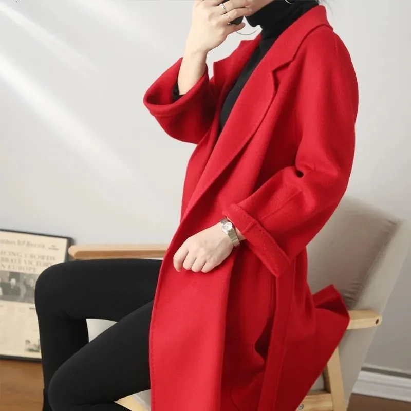 Casual Big Size Solid Water Ripple Wool Women Long Loose Double-sided Cashmere Coat Lapel Belt Warm Jacket Fashion Spring Autumn