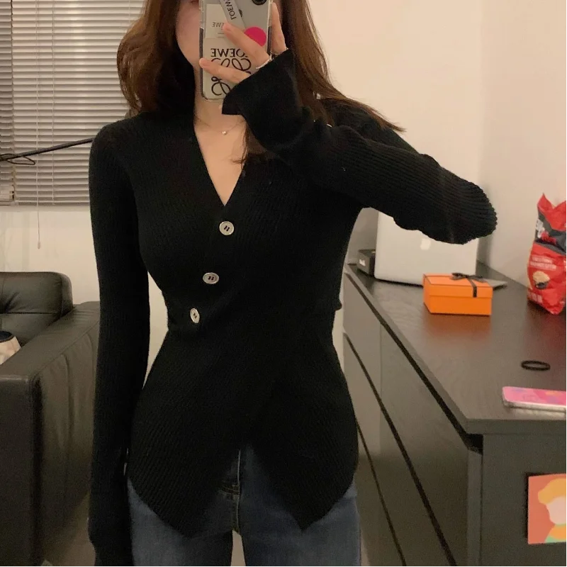 Women Autumn Winter New Irregular V-neck Sweater Trendy Sweet Waist Slim Fit Pullover Knit Shirt Solid Button Long Sleeved Tops