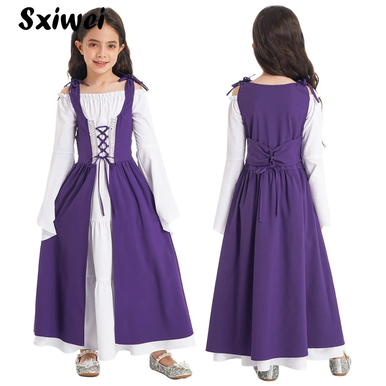 

Medieval Historical Girls Dress Kids Renaissance Lace-up Gown Costumes Flare Sleeve Robe Halloween Cosplay Victorian Maxi Dress